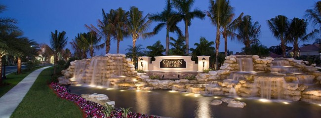 Ground view of entry waterfall